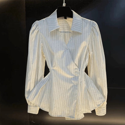 Temperament Waist-tie Long-sleeved Shirt Striped Cardigan Women EHAD +