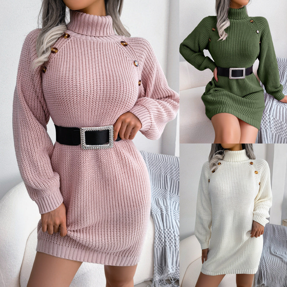 Winter Turtleneck Long Sweater Dress With Button Design Leisure Clinch Long Sleeve Base Sweater Women EHAD +