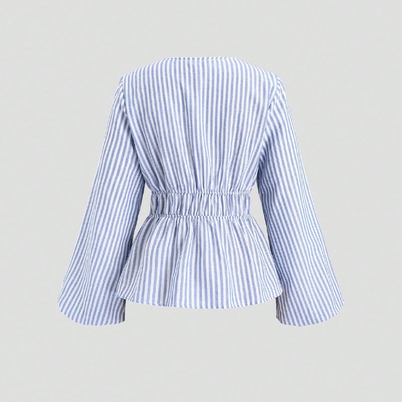 European And American Style Striped Long-sleeve Tie-waist Women's Shirt EHAD +