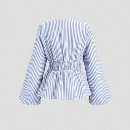 European And American Style Striped Long-sleeve Tie-waist Women's Shirt EHAD +