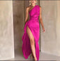Sexy One-shoulder Backless Slit Dress Summer Elegant Slim-fit Solid Color Satin Dresses For Women EHAD +