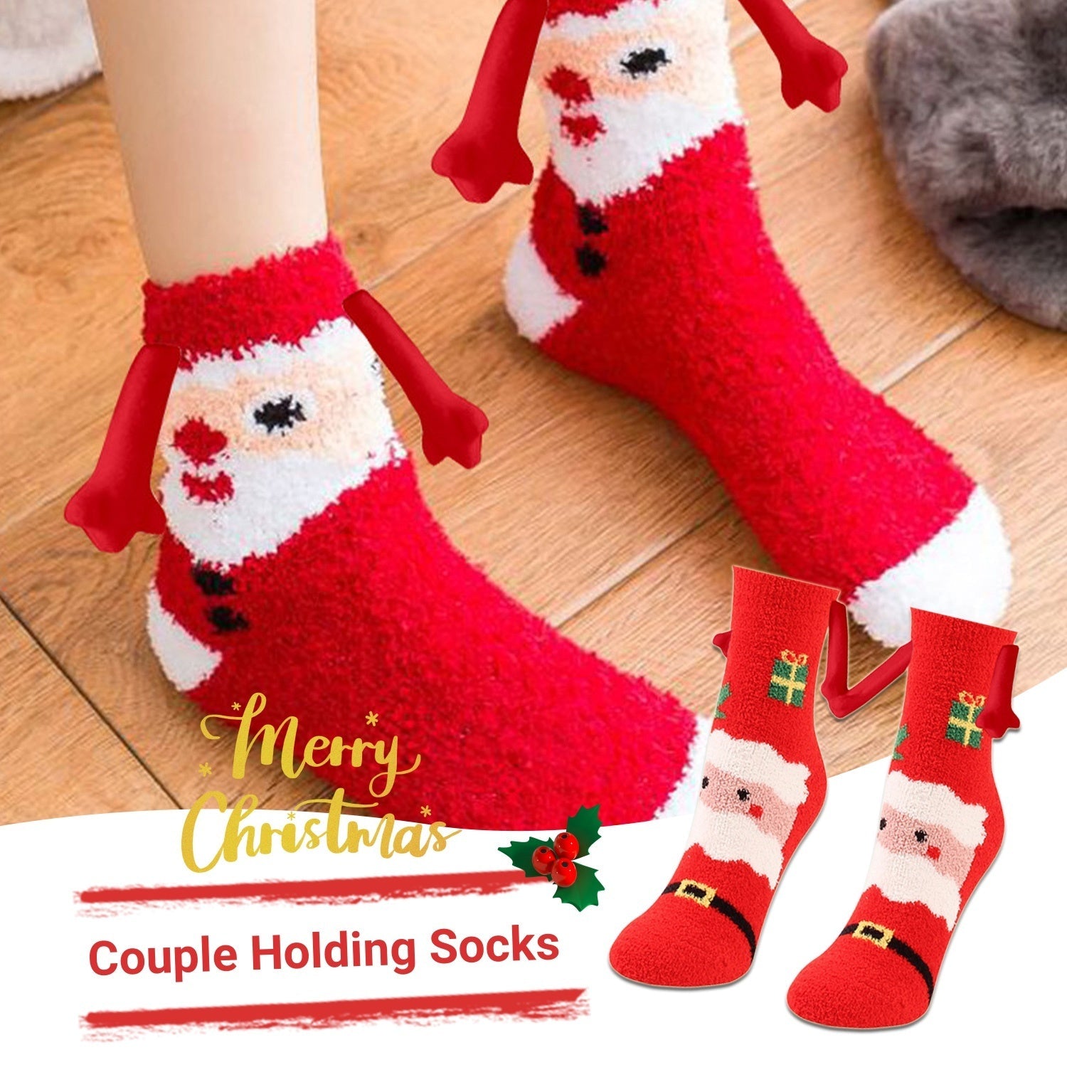 Christmas Supplies Magnetic Suction Hand In Hand Couple Socks Coral Fleece Tube Socks Warm Slipper Bed Socks Winter Soft Warm Slipper EHAD +
