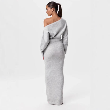 Ins Slim Long Sleeve Knitted Dress Evening Party Sexy Off-shoulder Bodycon Long Dresses EHAD +