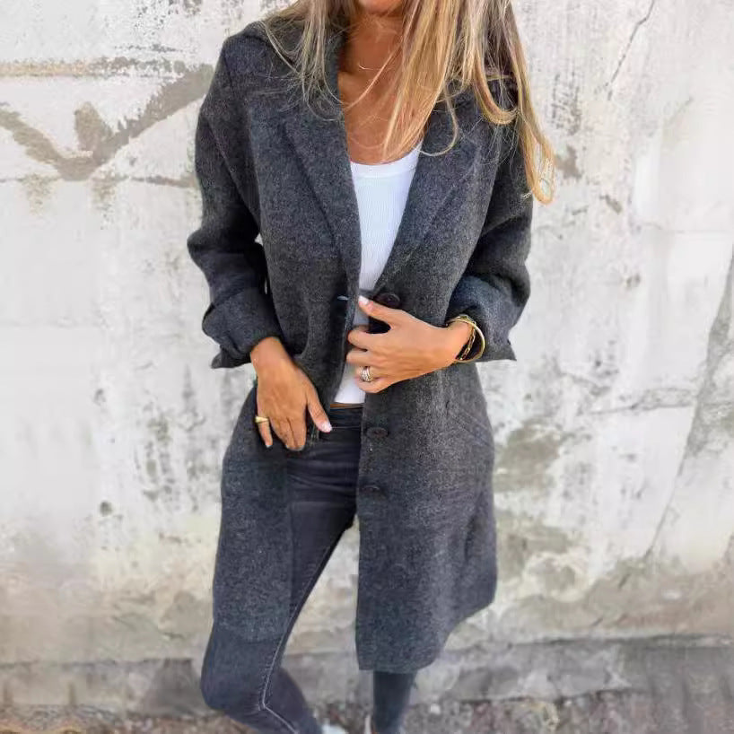 Lapel Single Breasted Cardigan With Pockets Fashion Color Solid Mid-Length Outwear Coat Womens Clothing EHAD +