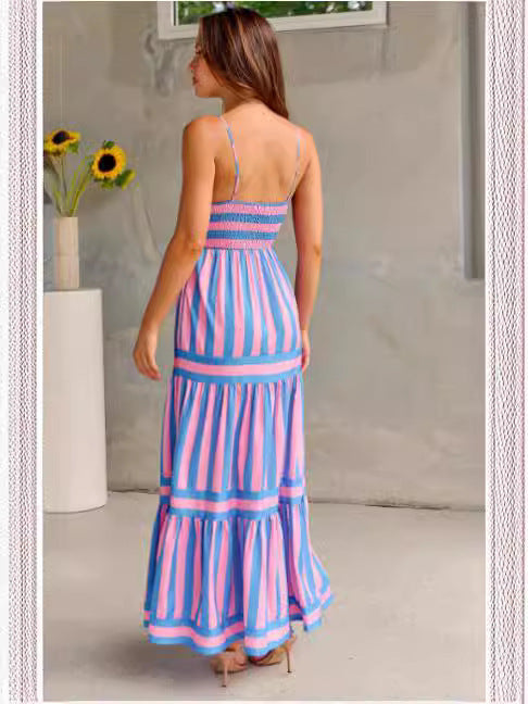 Summer Striped Printed Suspender Long Dress With Pockets Fashion Square Neck Backless Dresses For Beach Vacation Women Clothing EHAD +