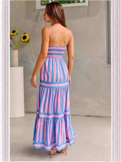 Summer Striped Printed Suspender Long Dress With Pockets Fashion Square Neck Backless Dresses For Beach Vacation Women Clothing EHAD +