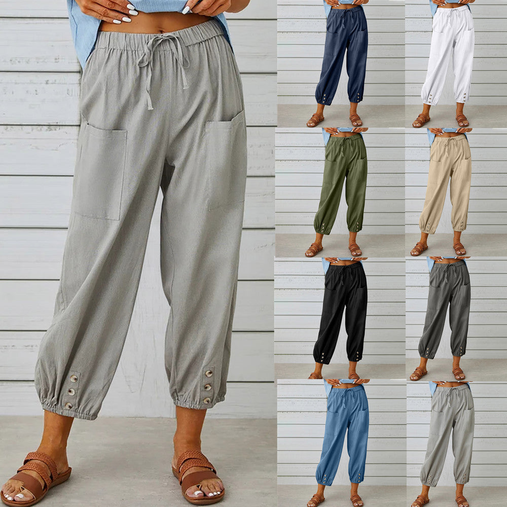 Women Drawstring Tie Pants Spring Summer Cotton And Linen Trousers With Pockets Button EHAD +