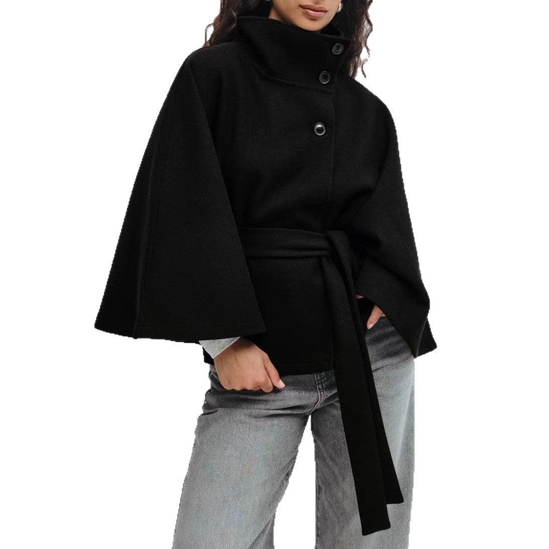 Winter High Neck Batwing Sleeve Coat With Belt Fashion Loose Elegant Button Top Trench Coat For Women Clothing EHAD +
