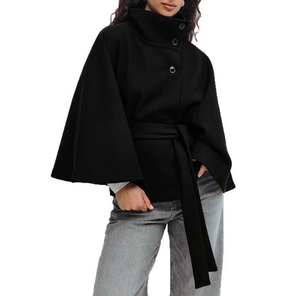 Winter High Neck Batwing Sleeve Coat With Belt Fashion Loose Elegant Button Top Trench Coat For Women Clothing EHAD +