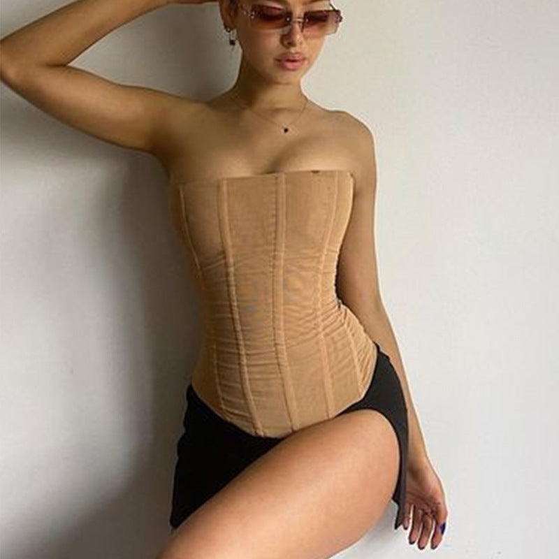 Skinny Sleeveless Tube Top Women Summer New Mesh Crop Corset Tank Party Streetwear Chest EHAD +