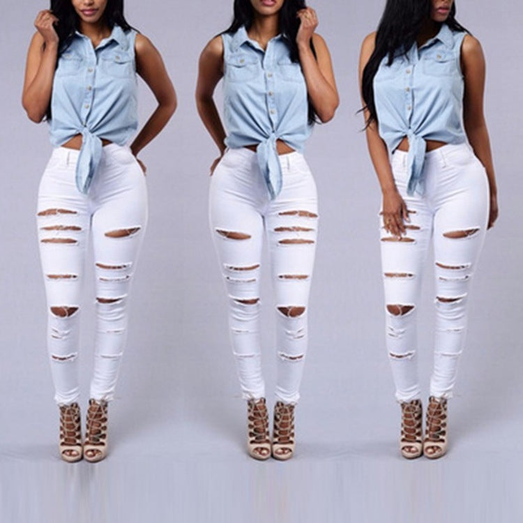 Ripped Jeans Women Skinny Trousers Casual High Waist Pencil Pants EHAD +