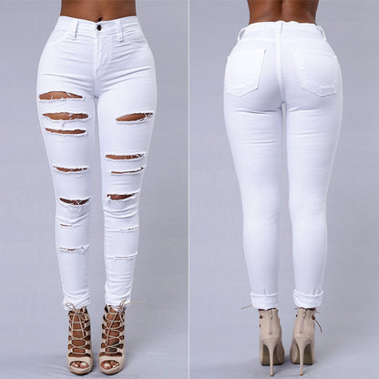 Ripped Jeans Women Skinny Trousers Casual High Waist Pencil Pants EHAD +