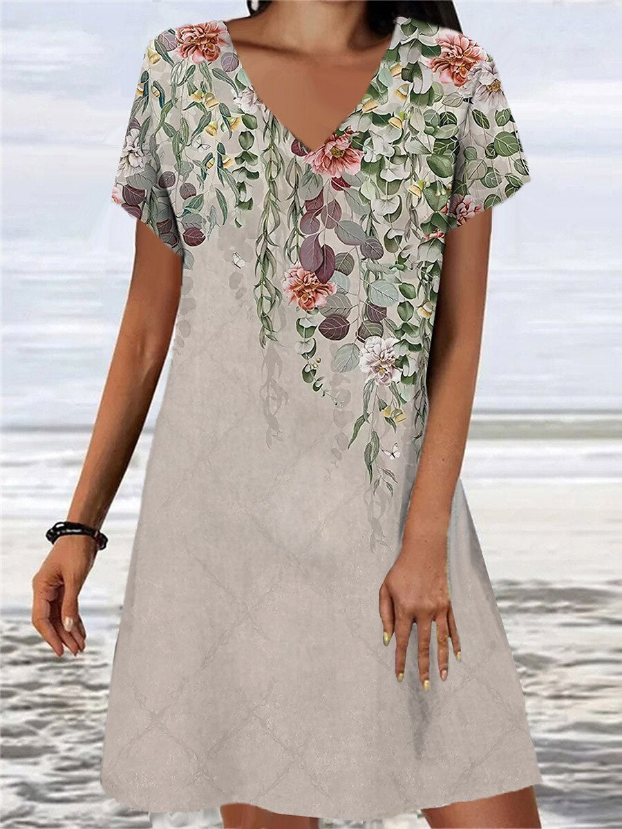 Women's Loose Floral Retro Print Dress EHAD +