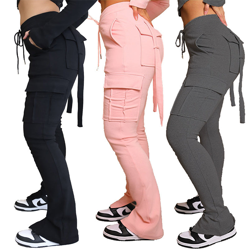 Cargo Pants With Pockets High Waist Drawstring Wide Leg Straight Trousers For Women Overalls EHAD +